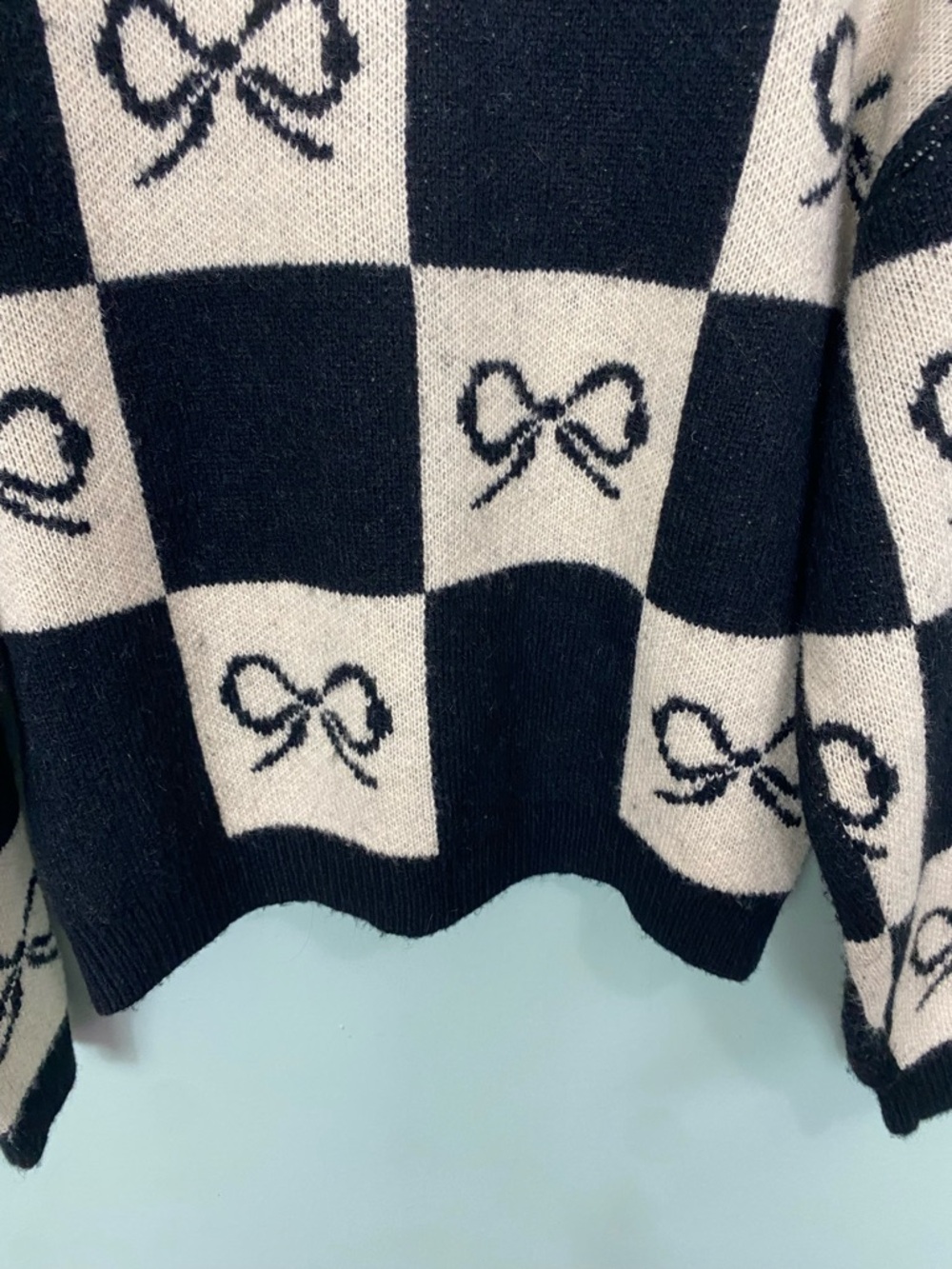 Lisa Says Gay Lauda Black‎ White Bow Check Plaid Cardigan Size Small & XS - Picture 8 of 12